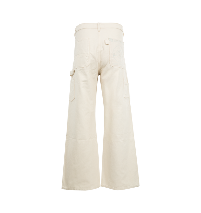 Image 2 of 3 - WHITE - COUT DE LA LIBERTE Sunset Junction Canvas Patched Painter Jeans featuring belt loops, five-pocket styling, button-fly, logo patch at back waistband, carpenter pockets and loop and print on reinforced knees. Cotton. Made in United States. 