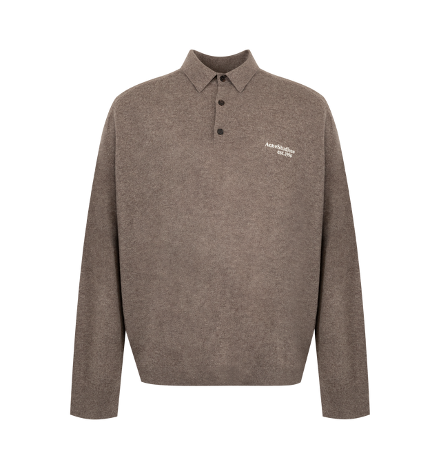 Image 1 of 2 - BROWN - Acne Studios Wool Knit Polo featuring knit polo sweater, yak wool blend, regular fit, hip-length and embroidered logo. 50% Yak wool, 50% wool. 