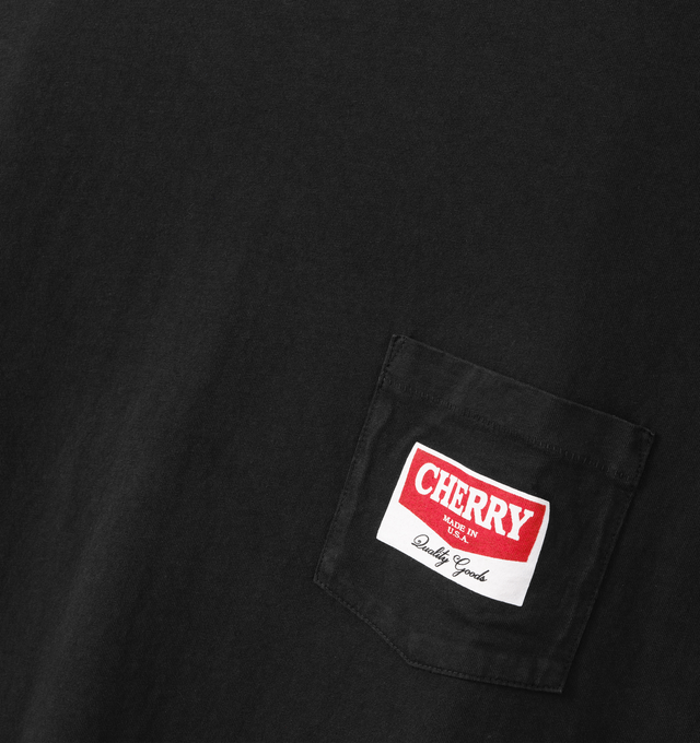 Image 3 of 7 - BLACK - Cherry LA Men's Railroad Boxy Pocket T-Shirt is crafted from cotton and features a boxy-fit silhouette with a classic crew neckline and chest pocket. Designed with screen-printed artwork at the chest pocket and back, this everyday essential combines relaxed proportions with vintage-inspired graphic styling. Main Material: Cotton. Made in Los Angeles, California. 