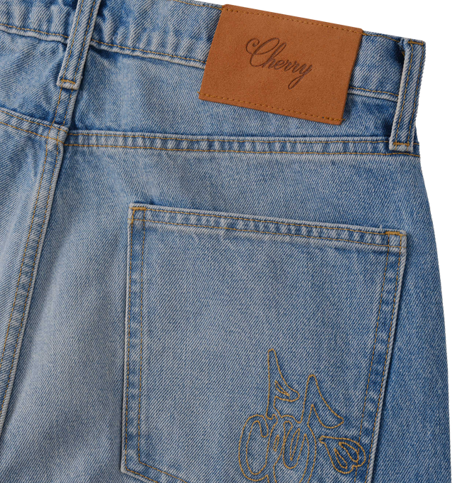 Image 4 of 8 - BLUE - Cherry LA Men's Wide Leg 5 Pocket Jeans are crafted from cotton denim and features a wide-leg silhouette with classic five-pocket construction. Designed with branded nickel hardware and a signature suede logo patch at the back, this everyday style combines relaxed proportions with timeless denim detailing. Main Material: Cotton Denim. Made in Los Angeles, California. 