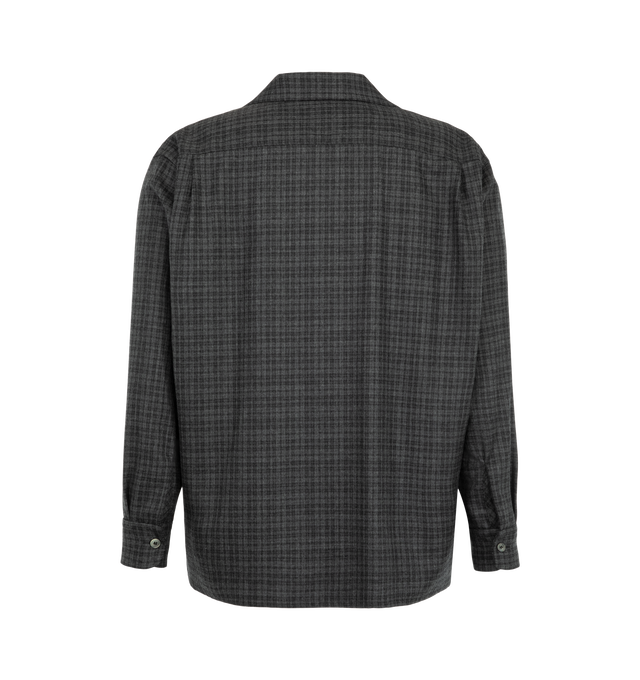 Image 2 of 2 - GREY - Kaptain Sunshine Men's Wool Plaid Open Collar Shirt is crafted from lightweight wool viyella check fabric woven from extra-fine Super 120's merino wool and pre-dyed melange yarns. The relaxed-fitting design features an open collar, a single chest pocket, a clean no-placket front, and a square hem. Milled and specially treated for washability, the refined flannel fabric offers a soft hand, clear finish, and lightweight warmth while remaining machine washable. Main Material: 100% Wool. M 