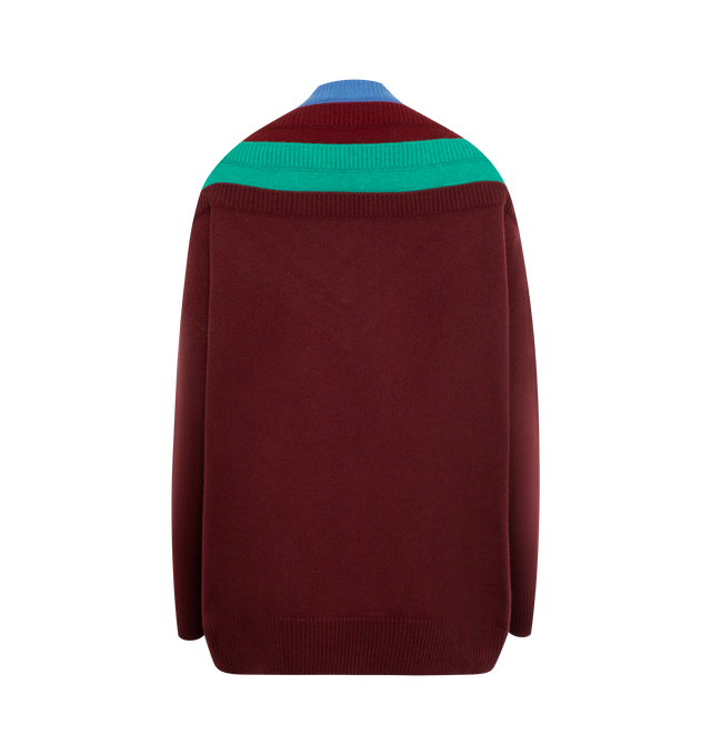 Image 2 of 2 - MULTI - Loewe Women's Sweater in medium-weight wool featuring a trompe lil layered construction. Relaxed fit, long length, V-neck, ribbed collar, cuffs and hem, Anagram embossed leather tab placed at the side. Wool. Made in Italy. 
