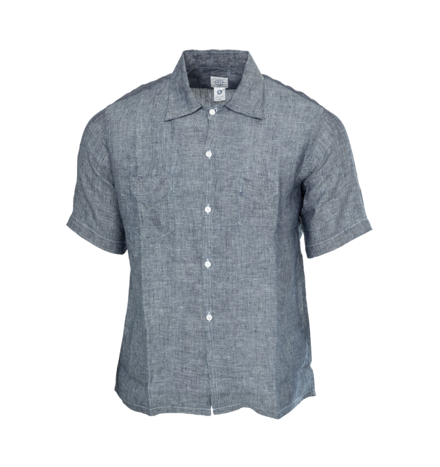 BLUE - POST O'ALLS Neutra 4 short sleeve button-up shirt crafted from linen chambray featuring a regular fit with side gussets, full button front, two 'v' stitch pockets, open collar, a nod to 50's styling.  Made in Japan.