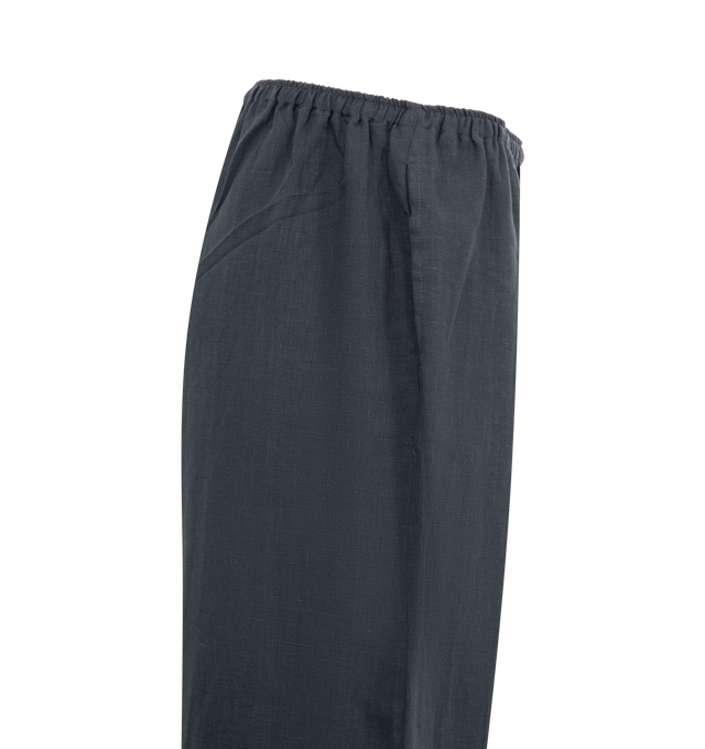 Image 6 of 6 - BLUE - DEIJI STUDIOS Tie Hem Linen Set featuring organic stone washed French linen, this classic button-up shirt and straight leg pant set features tie closures, a relaxed fit, and can be worn together or separately. Shirt: button front closure, splits at side seams with tie closure; relaxed, oversized fit. Pant: straight leg fit, elastic waistband, side seam pockets. 100% GOTS certified organic. 
