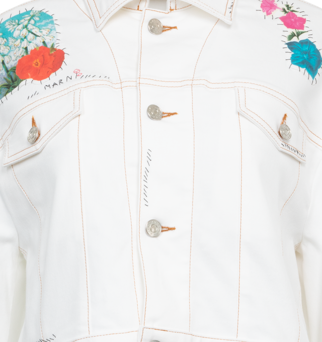 Image 3 of 3 - WHITE - MARNI Patches Denim Jacket featuring cropped fit, cotton denim, front button closure, 2 front pockets, embellished with printed flower cut-out patches, hand-embellished with Marni mending stitches on the edges and logo with flower detail on the chest. 98% cotton, 2% elastane/spandex. Made in Italy. 