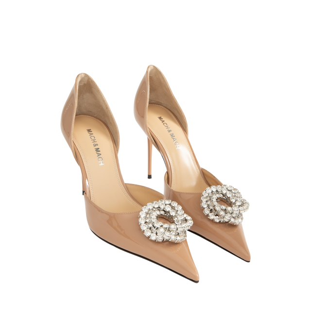 Image 2 of 4 - NEUTRAL - Mach & Mach Women's Galaxy 95 D'Orsay Pumps are crafted from patent leather and feature an elegant D'Orsay silhouette with a pointed toe. Designed with a crystal-embellished Galaxy buckle detail, slip-on construction, leather lining, and a 95mm stiletto heel for a refined statement finish. Main Material: Patent Leather.  
