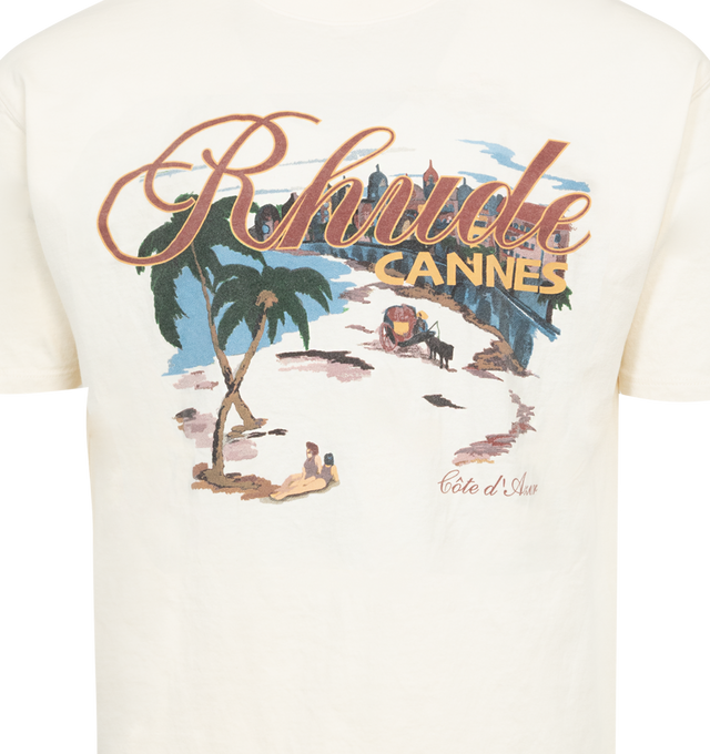 Image 2 of 2 - WHITE - RHUDE Cannes Beach T-Shirt featuring short sleeves, rib knit crewneck, logo graphic and text printed at front. 100% cotton. Made in USA. 