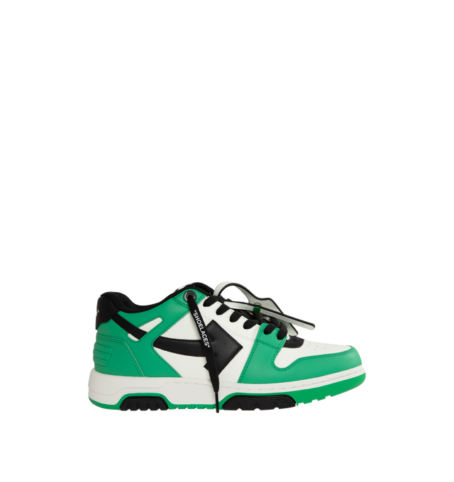 Image 1 of 5 - GREEN - OFF-WHITE Out of Office sneaker combines street, basketball and running styles heavily influenced by 90s subculture. Constructed with a calf leather upper and rubber sole. Lining: 18% Polyester,  82% Recycled Polyester. Outer: 89% Leather, 11% Recycled Polyester. Sole: 100% Rubber. 