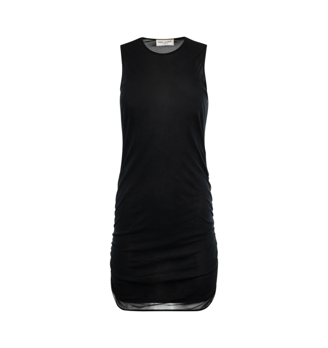 BLACK - Saint Laurent Semi-sheer sleeveless mini dress with round neck and ruched sides crafted from delicate 100% polyamide with viscose lining. Made in Italy.