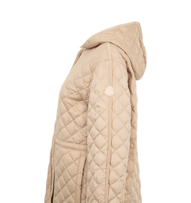 Image 4 of 4 - BROWN - Moncler Etelan Quilted Long Parka has a detachable hood, a snap-front closure, dropped shoulders, an adjustable drawstring waist, a logo patch on the sleeve, patch pockets, and a rounded hem. Down and feather fill. Polyester and leather exterior.  