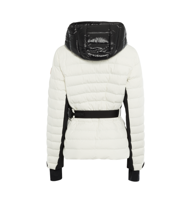 Image 2 of 3 - WHITE - MONCLER GRENOBLE BRUCHE JACKET featuring stretch nylon lining, down-filled, hood with drawstring fastening in contrasting color and nylon laqu hood lining, tri-colored zipper edgings, YKK AquaGuard Highly Water Resistant zipper closure, detachable and adjustable belt with a side-release buckle, exterior pockets with YKK AquaGuard Highly Water Resistant zipper closure, interior media pocket, interior powder skirt, stretch jersey wrist gaiters and ski pass pocket. 84% polyamide/nylon, 1 