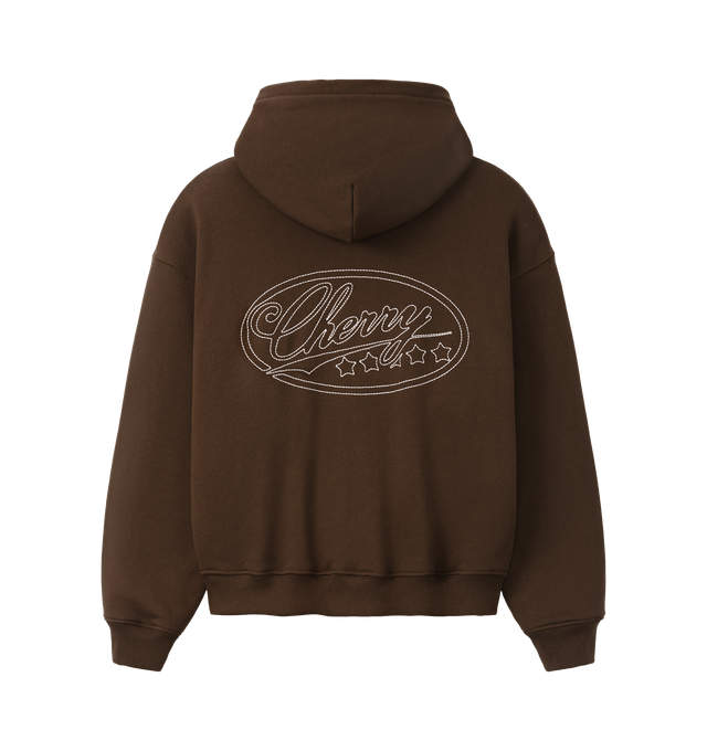 Image 2 of 6 - BROWN - Cherry LA Men's 5 Star Thermal Zip Hoodie is crafted from custom cotton fleece and features a boxy-fit silhouette, a full-zip front closure, and a custom poly-cotton thermal lining for added warmth and comfort. Designed with embroidery at the back, a nickel zipper, and a branded label at the cuff, this elevated everyday layer combines utility-inspired details with Cherry LA's signature aesthetic. Main Material: Custom Cotton Fleece. Lining: Custom Poly-Cotton Thermal. Made in Los Ange 