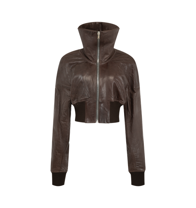 Image 3 of 3 - BROWN - Rick Owens Womens Dracuflight Cropped Jacket is crafted from vegetable-tanned tumbled lamb leather. Features a cropped waist-length silhouette, dropped shoulders, front zip closure, extended reinforced collar, wide ribbed cuffs and hem, and a fully lined interior. Main Material: Lamb Leather; Lining: Fully Lined. Made in Italy. 