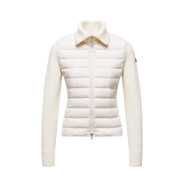 Image 1 of 1 - WHITE - Moncler Women's Padded Zip-Up Wool Cardigan is crafted from plush virgin wool and features warm down-filled polyester panels at the front and back, allowing it to double as lightweight outerwear during transitional weather. Designed with a point collar and zip-front closure, this designer cardigan combines soft knit construction with Moncler's signature down insulation. Base Fabric: 100% Virgin Wool. Outer Front and Back: 100% Polyester. Front and Back Lining: 100% Polyester. Padding: 