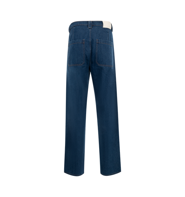 Image 2 of 3 - BLUE - Pleasures Grind Baggy Jeans feature a baggy fit with a zip fly and button closure, side pockets, a snap closure cargo pocket, rear patch pockets, and an embroidered logo.  