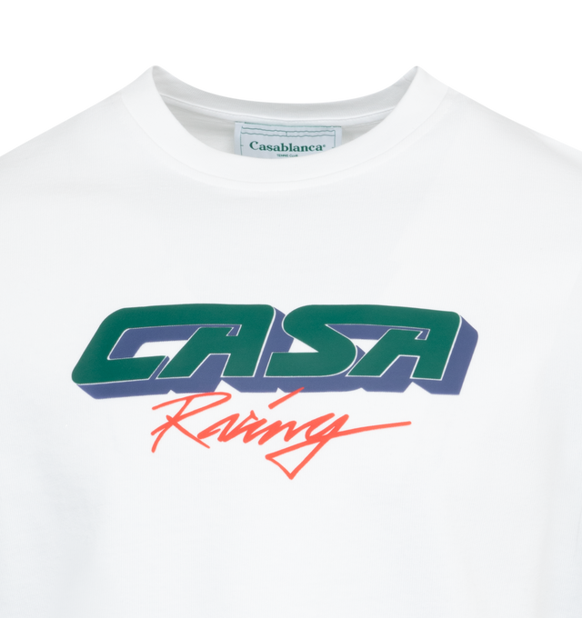Image 2 of 2 - WHITE - CASABLANCA Casa Racing 3D T-Shirt featuring organic cotton, oversized fit, rib knit crewneck, graphic printed at front and dropped shoulders. 100% organic cotton. Made in Portugal. 