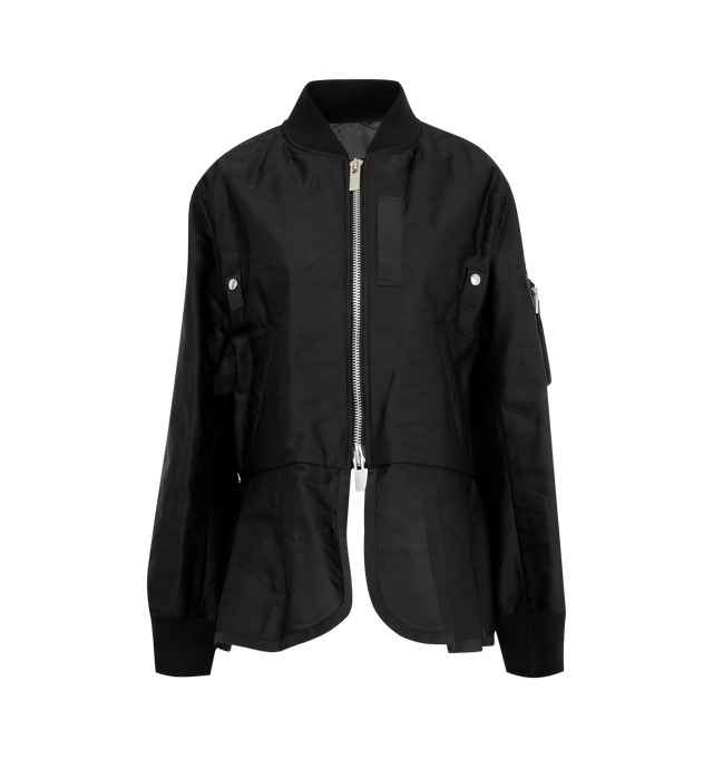 Image 1 of 3 - BLACK - SACAI Quilted Satin Bomber Jacket featuring nylon-blend satin bomber, rib-knit stand collar and cuffs, two-way zip closure, grosgrain trim and press-stud tabs at chest, welt pockets, pleats and grosgrain trim at hem, utility pocket at sleeve and full tulle lining. 50% nylon, 50% polyester. Trim: 55% polyester, 44% cotton, 1% polyurethane. Lining: 100% polyester. Made in Japan. 