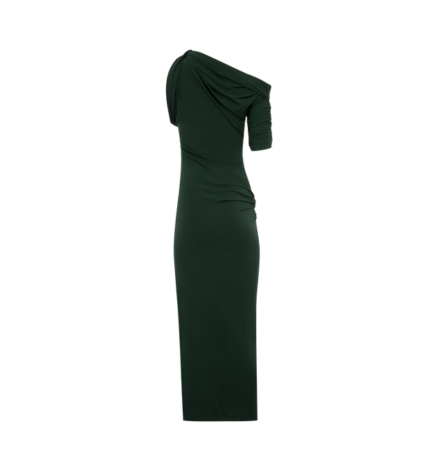 Image 2 of 2 - GREEN - Jacquemus Draped, fitted midi length dress crafted from fluid jersey featuring a draped asymmetric boat neckline, knotted neckline detail on left shoulder, gathered elbow-length sleeve on right side, and pleated detail on side hip. 71% Viscose - 21% Polyester - 8% Elastane. Made in Portugal. 