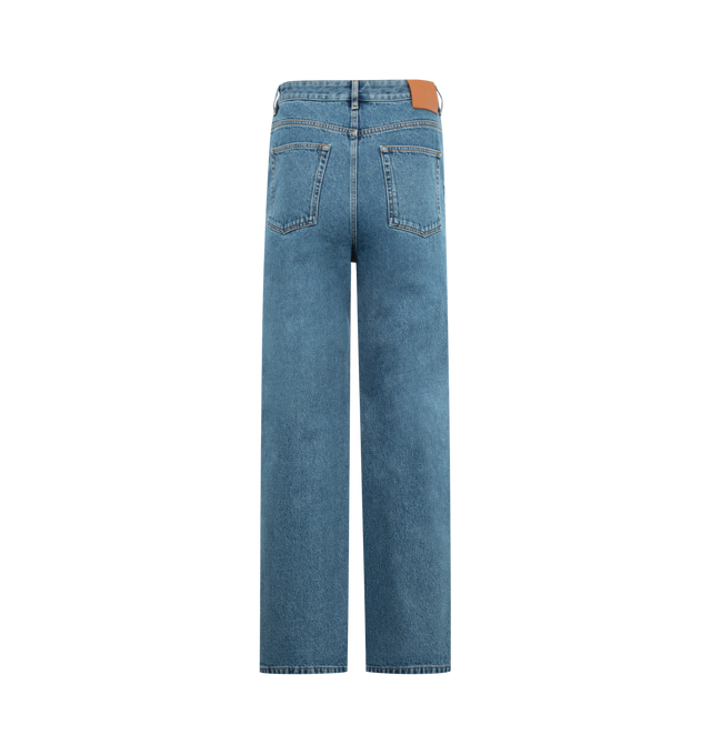 Image 2 of 3 - BLUE - LOEWE Anagram Baggy Jeans in medium-weight washed cotton denim featuring an Anagram embroidery at the knees?, relaxed fit, regular length, mid waist, loose leg, concealed button fly, five pocket style? and LOEWE embossed leather patch placed at the back. 100% cotton. Made in Italy. 