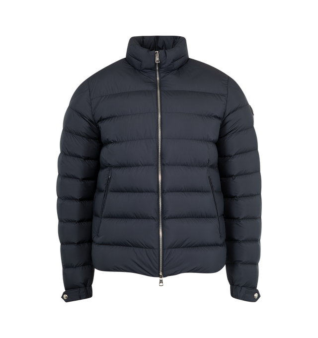 Image 4 of 4 - NAVY - MONCLER Arneb Jacket featuring Airsoft lining, down-filled, detachable hood with micro chic lining, zipper closure with leather trim, zipped pockets, adjustable cuffs with snap button closure and leather logo patch. 100% polyester. Padding: 90% down, 10% feather. Made in Italy 