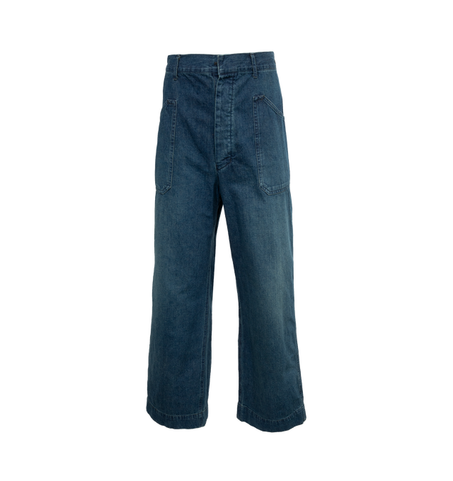 Image 1 of 4 - BLUE - Chimala IS Navy Denim Workpants in a dark wash with a loose and relaxed fit featuring slanted hip pockets, interior button closure, and a adjustable buckle and notched waist at the back. 100% cotton. Made in Japan. 