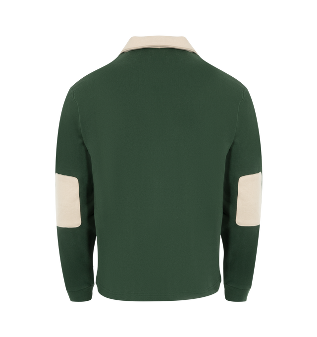 Image 2 of 2 - GREEN - Market Racing Rugby featuring contrast collar, quarter zip, elbow patch details and contrast panel at the chest with Market US Racing Team 1993 embroidered text. 100% Cotton. 