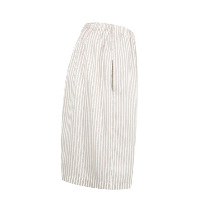 Image 3 of 3 - WHITE - THE ROW Zinnia Short featuring mid-rise pajama short in fluid striped silk with gathered elastic waistband, side seam pockets, and above-the-knee length. 100% silk. Made in Italy. 