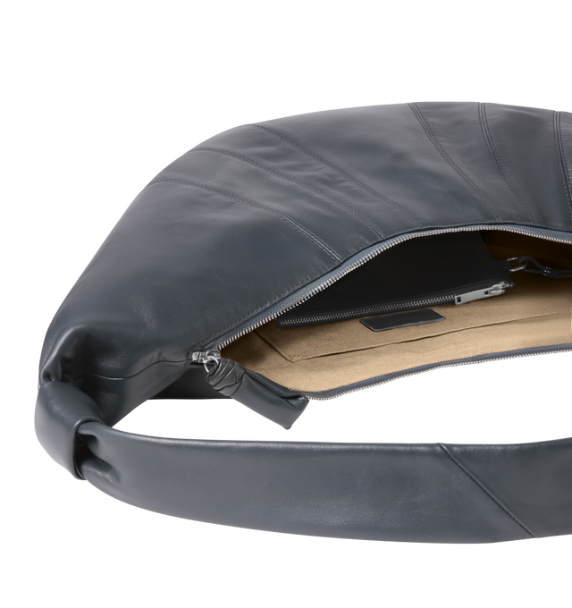 Image 3 of 3 - GREY - LEMAIRE Large Croissant Bag featuring quilted nappa lambskin shoulder bag, knotted detailing at crossbody strap, zip pocket at side, zip closure, detachable zip pouch at interior, patch pocket at interior, cotton canvas lining and silver-tone hardware. H11" x W23" x D2.5". Lambskin. Made in Spain. 