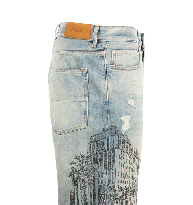 Image 3 of 3 - BLUE - AMIRI Crystal Amiri Hotel Jeans featuring belt loops, five-pocket styling, button fly, crystal appliqu at outseam, logo patch at back waistband and relaxed fit. 98% cotton, 2% elastane. Made in United States. 
