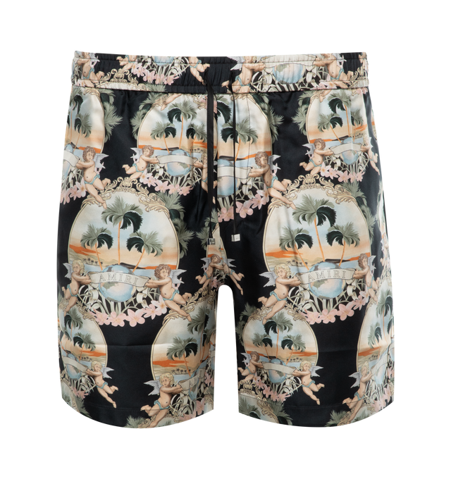 Image 1 of 3 - BLACK - AMIRI All-Over Palm Shorts featuring print throughout, elasticated waistband with drawstrings and side pockets. 100% silk. Made in Italy. 