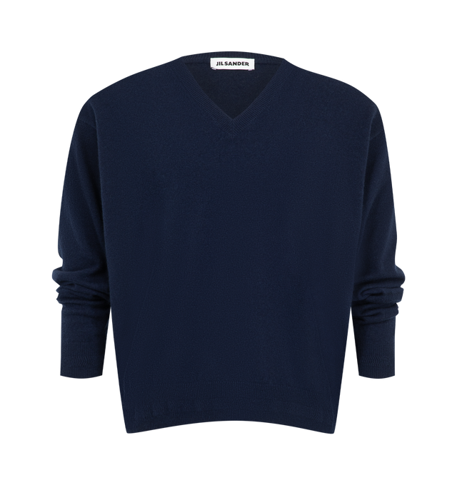 Image 1 of 2 - BLUE - Jil Sander Men's Wool Blend V-Neck Sweater is crafted from a wool-blend knit and features a regular-fit silhouette with padded shoulders. Designed with a clean V-neckline and the brand's signature minimalist aesthetic, the sweater offers a refined interpretation of classic knitwear. Main Material: Wool Blend. Made in Italy. 