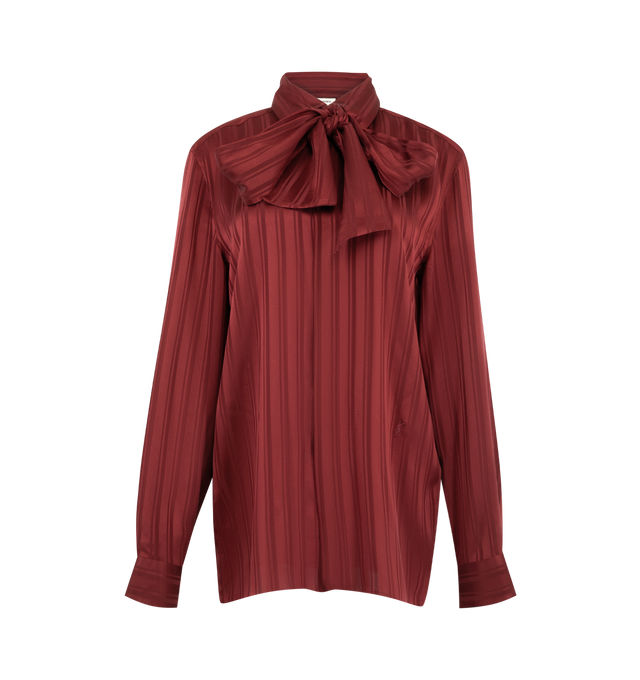 Image 1 of 2 - RED - Saint Laurent Womens Oversized Blouse is crafted from certified silk and features a lavallire collar with tonal Cassandre embroidery at the hip. Designed with a concealed button-front closure and one-button mitered cuffs. Main Material: Certified Silk. Made in Italy. 