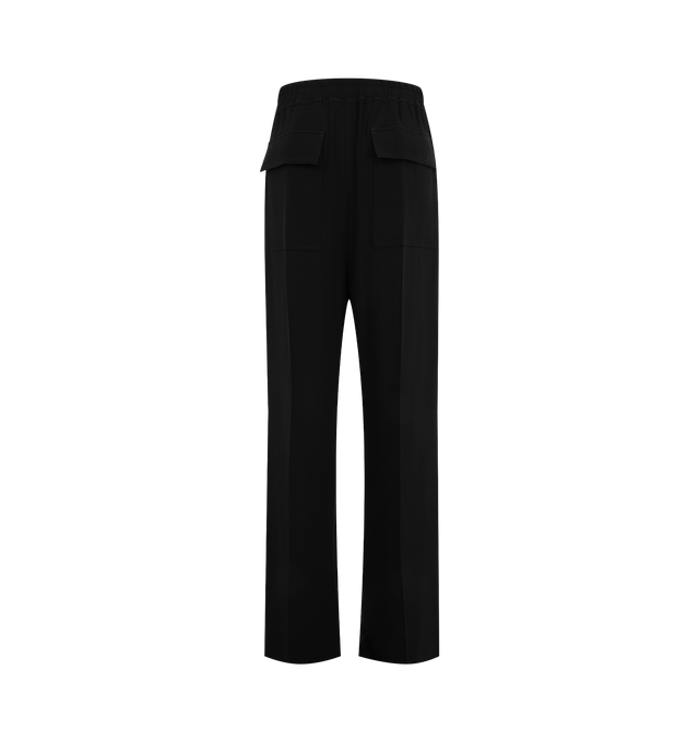 Image 2 of 3 - BLACK - Rick Owens Womens Dietrich Drawstring Pants are crafted from medium weight cotton poplin with a crisp washed finish. Feature a loose straight-leg silhouette, elasticized drawstring waistband, stitched fly, side seam pockets, and two rear flap patch pockets. Main Material: 97% Cotton, 3% Elastane; Buttons: 100% Buffalo Horn. Made in Italy. 