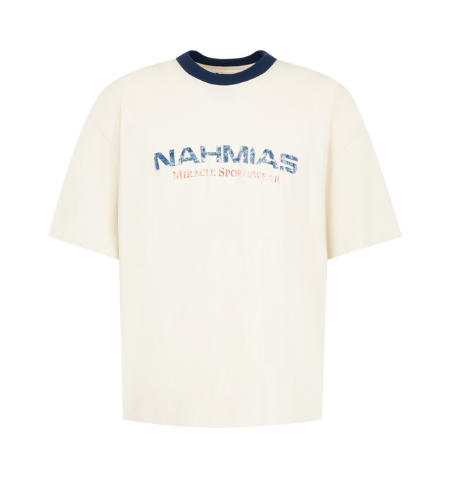 Image 1 of 2 - WHITE - Nahmias Mens Ringer T-Shirt is crafted from cotton. Features a crew neckline, contrast ringer trim, boxy fit, and mid-weight, slightly stretchy fabric. Main Material: 100% Cotton. Designed in Los Angeles. Imported 