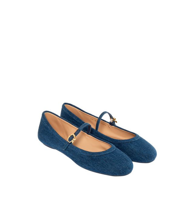 Image 2 of 4 - BLUE - GIANVITO ROSSI Carla Flats crafted from denim in a flat ballerina style with a round toe and a rubber sole. The iconic Ribbon buckle, signature of the brand, enriches the front Mary Jane strap. Handmade in Italy. Heel height: 0.2 inches. 