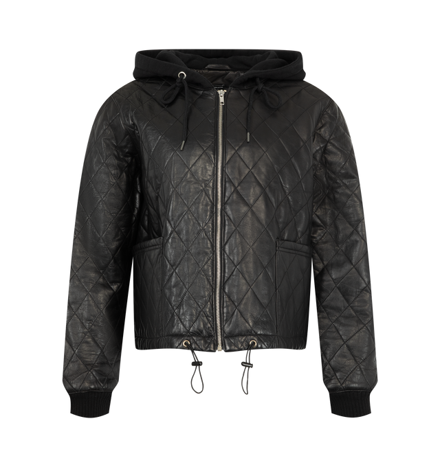 Image 1 of 3 - BLACK - R13 Women's Quilted Leather Jacket with Hood is crafted with a quilted construction and features a zip-front silhouette layered with a contrasting hooded insert. Designed for versatile everyday wear, the jacket combines lightweight insulation with a casual layered look. Main Materials: 100% Lamb Leather, Lining: 100% Polyester. 