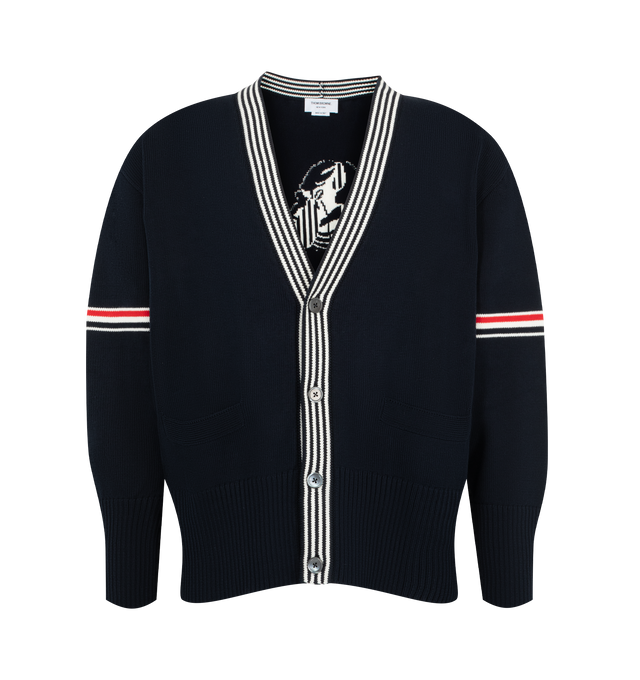 Image 1 of 3 - BLUE - Thom Browne Mens Cardigan is crafted from cotton jersey knit. Features a V-neckline, button-front closure, welt hand pockets, RWB intarsia armbands, lobster intarsia at the back, ribbed buttoned cuffs, buttoned side vents with signature RWB grosgrain trim, ribbed hem, and signature striped grosgrain loop tab. Main Material: 100% Cotton. Made in Italy. 