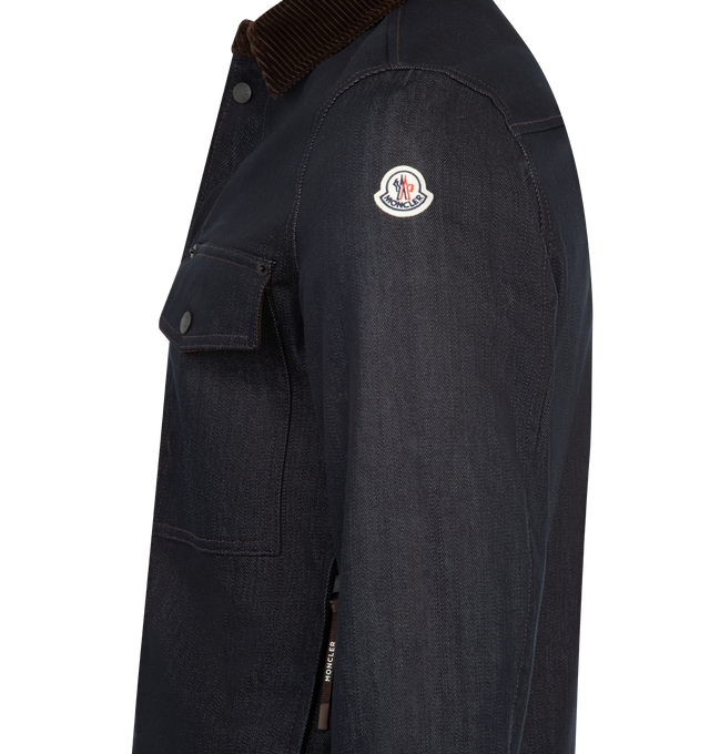 Image 4 of 4 - BLUE - MONCLER Denim Corduroy-Trimmed Shirt Jacket featuring comfort denim, rainwear lining, corduroy collar, long sleeves, zipper and snap button closure, chest pocket with snap button and zipper closure and adjustable cuffs. 75% cotton, 24% polyester, 1% elastane/spandex. Lining: 100% polyamide/nylon. 100% cotton. 