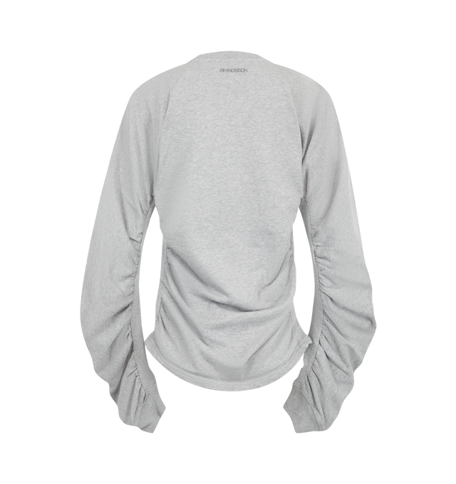 Image 2 of 2 - GREY - JW Anderson Women's Ruched Sleeve Sweatshirt is crafted from cotton and features a relaxed silhouette inspired by an archival SS24 knitwear design. Designed with a classic round neckline, distinctive ruched sleeves, and logo embroidery at the back neck that adds a subtle signature finish. Main Material: 100% Cotton. Trim: 100% Cotton. Made in Portugal. 