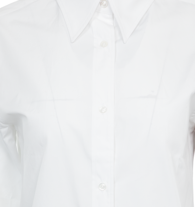 Image 3 of 3 - WHITE - THOM BROWNE 4 Bar Poplin Shirt featuring button front, point collar, long sleeves, 4-bar detailing and signature grosgrain loop tab. 100% cotton. 