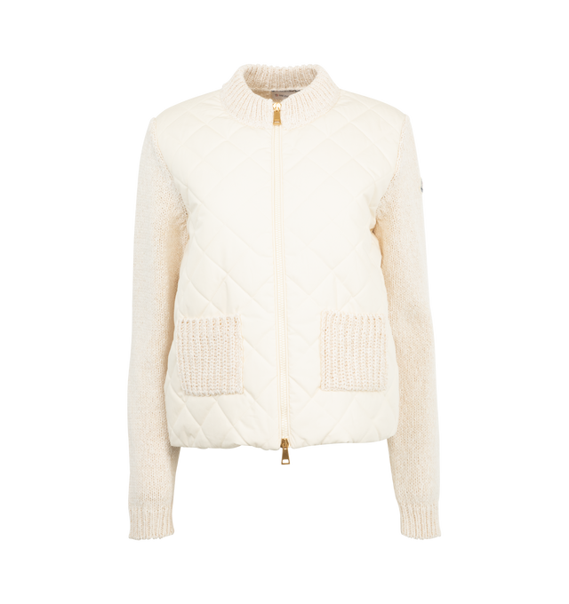 Image 1 of 3 - WHITE - MONCLER Padded Cotton Zip-Up Cardigan featuring cotton blend lining, padded cotton poplin front, fully-fashioned stockinette stitch, gauge 3, knit patch pockets, zipper closure. 100% cotton. 75% cotton, 25% polyamide/nylon. Padding: 100% polyester. Made in Moldova. 