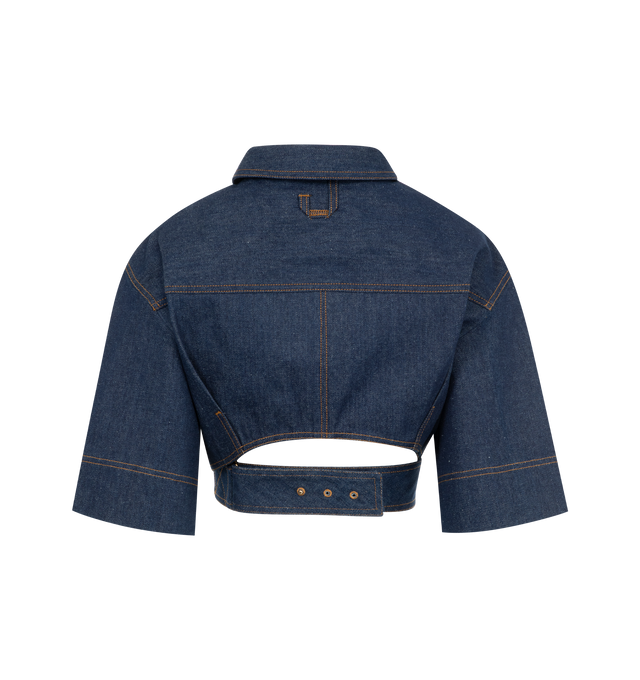 Image 2 of 2 - NAVY - Jacquemus La Haut De-Nimes Denim Top has a button and press-stud fastening, a cropped length, chest flap pockets, a point collar, and a buckle fastening wrap over-belt at the hem. 100% cotton.  