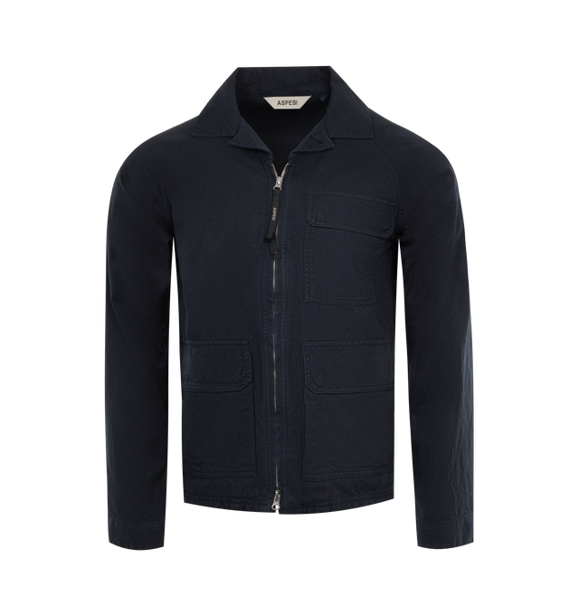 Image 1 of 2 - NAVY - ASPESI Micky Summer Jacket featuring three front patch pockets, one inner pocket, a zip closure, and a regular fit. 100% cotton. 