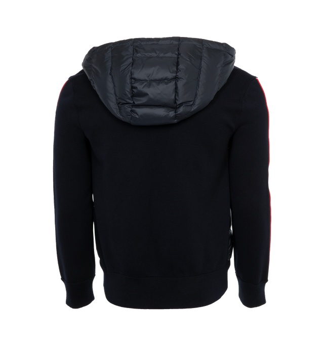 Image 2 of 3 - NAVY - MONCLER Padded Cardigan featuring a wool blend and nylon extra lger, down-filled, nylon hood, zip front closure, pockets with snap button closure and logo. 100% polyamide/nylon. 50% acrylic, 50% wool. Padding: 90% down, 10% feather.  