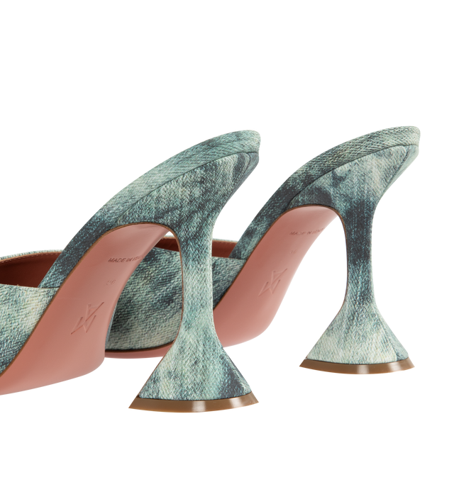 Image 3 of 4 - BLUE - AMINA MUADDI Lupita Slide Sandal in Tie Dye Denim featuring signature flared heel, printed suede, leather upper and leather lining and rubber sole. 95MM pyramid-shaped heel. Made in Italy. 