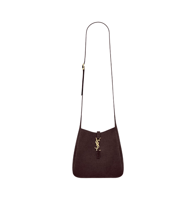 Image 1 of 5 - BROWN - Saint Laurent Women's Le 5  7 Supple Crossbody Bag is crafted from calfskin suede with a tonal suede lining. The spacious silhouette features bronze-tone hardware, a Cassandre hook closure, a removable zip pouch, and an adjustable strap for crossbody carry. Fits a large phone, wallet, sunglasses, and keys. Main Material: Calfskin Leather. Hardware: Brass. Dimensions: 22.5 x 23 x 8.5 cm / 8.9 x 9.1 x 3.3 in. Strap Drop: 50 cm / 19.7 in. Made in Italy. 
