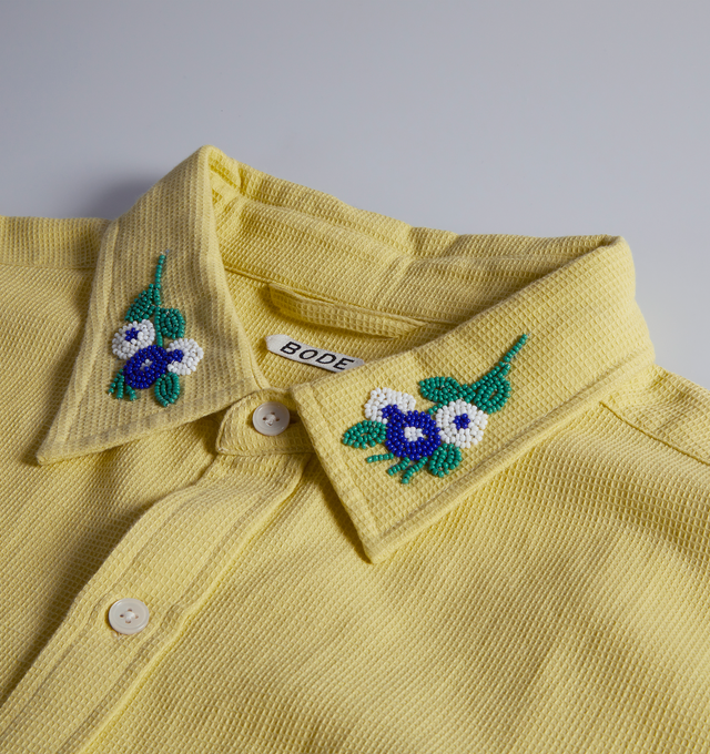 Image 3 of 4 - YELLOW - BODE Beaded Chicory Shirt featuring beaded floral pattern on the collar and the front pockets and button front closure. 100% cotton. Made in India. 
