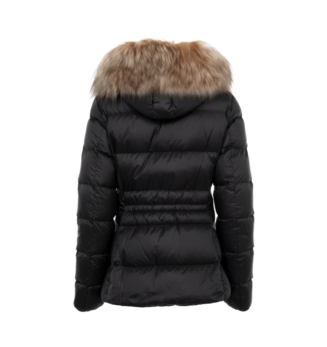 BLACK - MONCLER Boed Jacket featuring recycled longue saison lining, down-filled, hood with detachable shearling trim, two-way zipper closure, elastic belt with varnished snap buttons, horizontal pockets with zipper closure and grosgrain piping and adjustable elastic cuffs. 100% polyamide/nylon. Padding: 90% down, 10% feather. Fur: sheep 