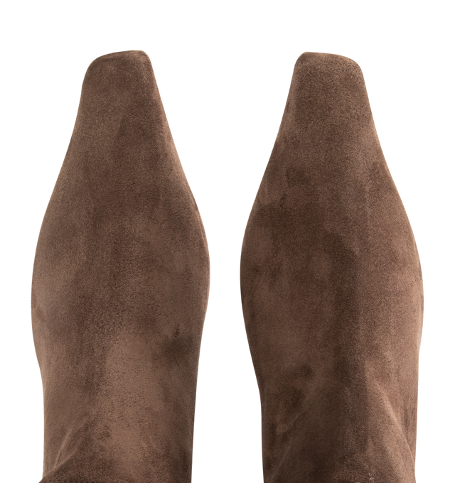 Image 4 of 4 - BROWN - AMINA MUADDI Jamie Bootie 25 featuring 25mm slanted heel, slouched bootie and pointed toe. 100% suede calfskin. Lining: 92% calfskin, 8% kid lining. Sole: 90% calfskin, 10% TPU. Made in Italy. 