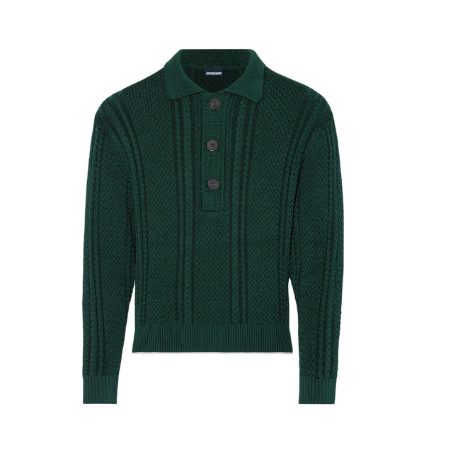 Image 1 of 1 - GREEN - JACQUEMUS Cable Knit Polo featuring straight fit, cable knit, polo collar with button placket, contrast piping, D-ring on the back and corozo buttons. 94% viscose, 4% polyamide, 2% elastane. Made in Bulgaria.